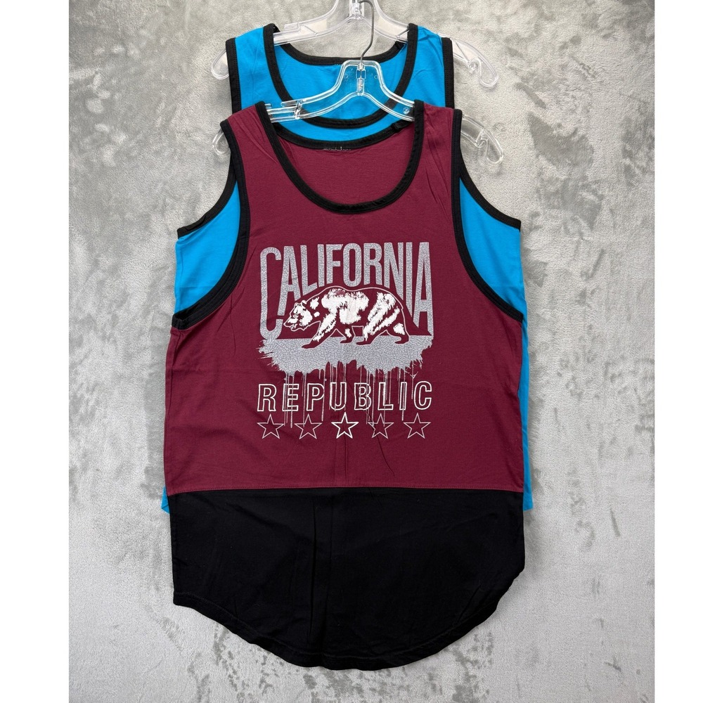 California Republic Mens Graphic Tank Top Set Burgundy Blue Black Size L 2pk